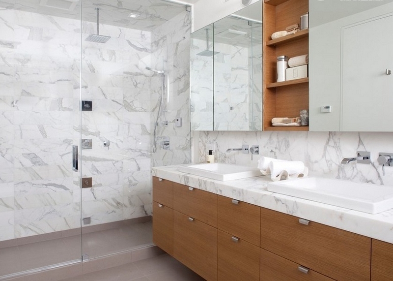 revêtement mural salle de bain de luxe marbre blanc-meubles-bois