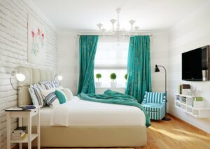 rideau turquoise motifs couverture lit-fauteuil-rayé-assortis