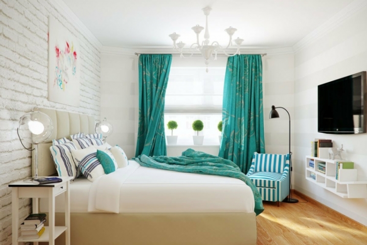 rideau turquoise motifs couverture lit-fauteuil-rayé-assortis