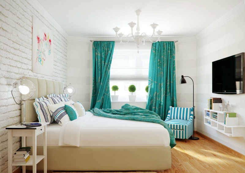 rideau turquoise motifs couverture lit-fauteuil-rayé-assortis