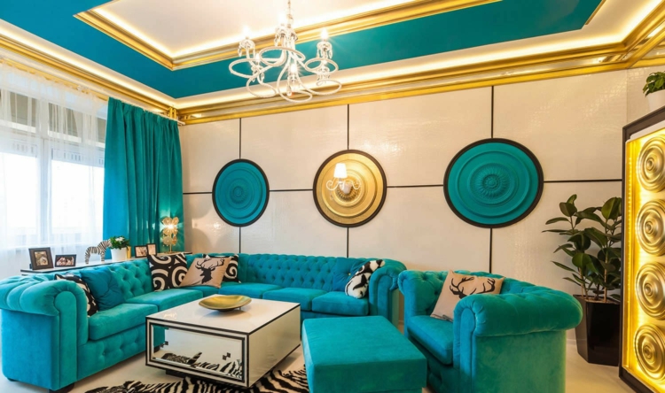 rideau-turquoise-plafond-corniche-lumineuse-canapé-angle-capitonné-fauteuil