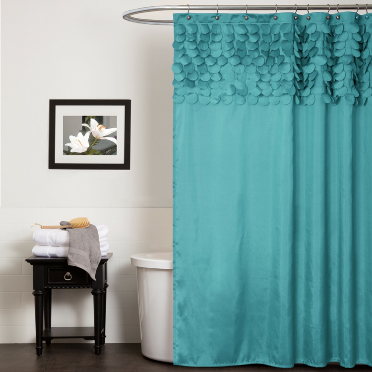 rideau-turquoise-rideau-douche-ronds-décoratif-accent-salle-bains-noire-blanche