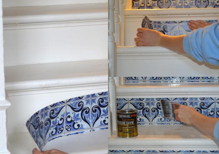 rénovation escalier déco avant-après contremarches motifs exotiques bleus