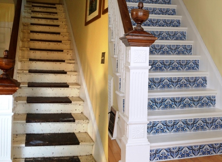 rénovation-escalier-décoration-avant-après-contremarches-motifs-exotiques-bleus