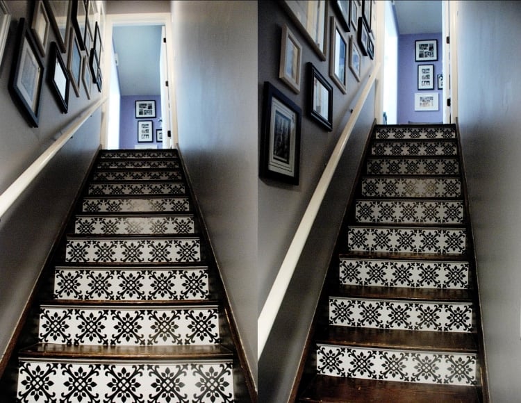 rénovation-escalier-décoration-contremarches-motifs-floraux-noir-blanc