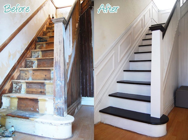 rénovation escalier peinture blanche noire-lambris-photos-avant-après