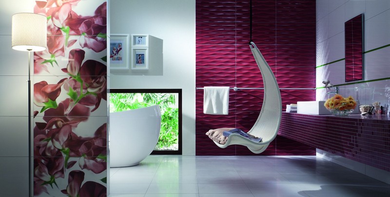 salle-bain-coloree-carrelage-mural-magenta-motif-ondule salle de bain colorée
