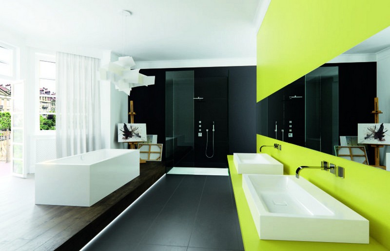 salle-bain-coloree-carrelage-noir-peinture-murale-vert-neon