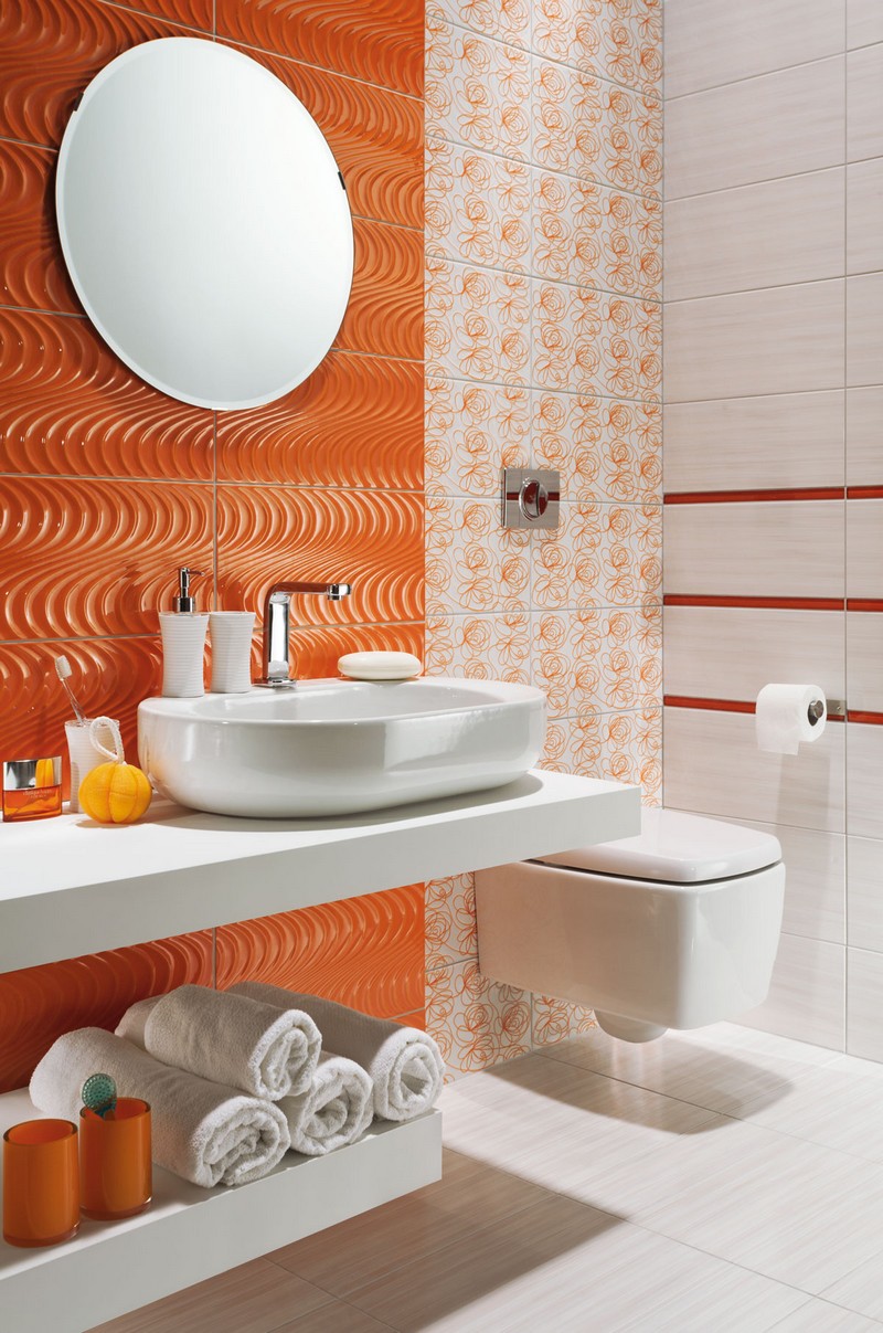 salle-bain-coloree-carrelage-orange-motif-ondule salle de bain colorée