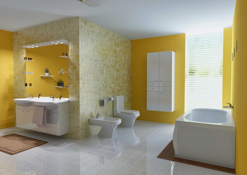 salle-bain-coloree-peinture-murale-jaune-carrelage-nuance-jaune-sanitaire-blanc salle de bain colorée