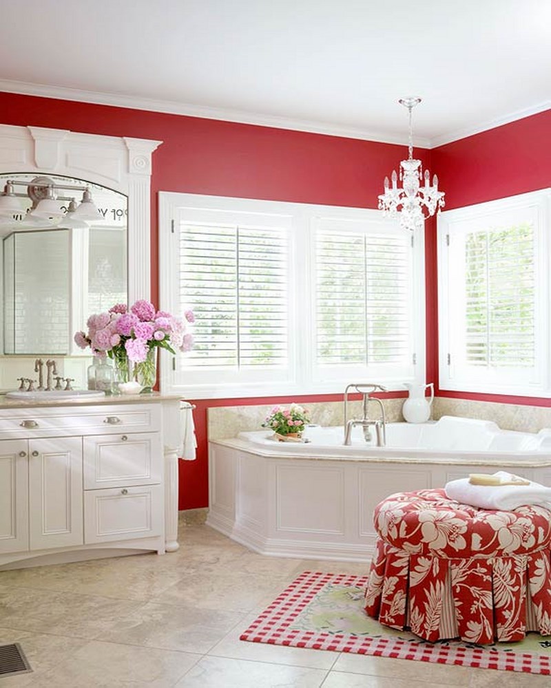 salle-bain-coloree-peinture-murale-rouge-meuble-vasque-blanc salle de bain colorée