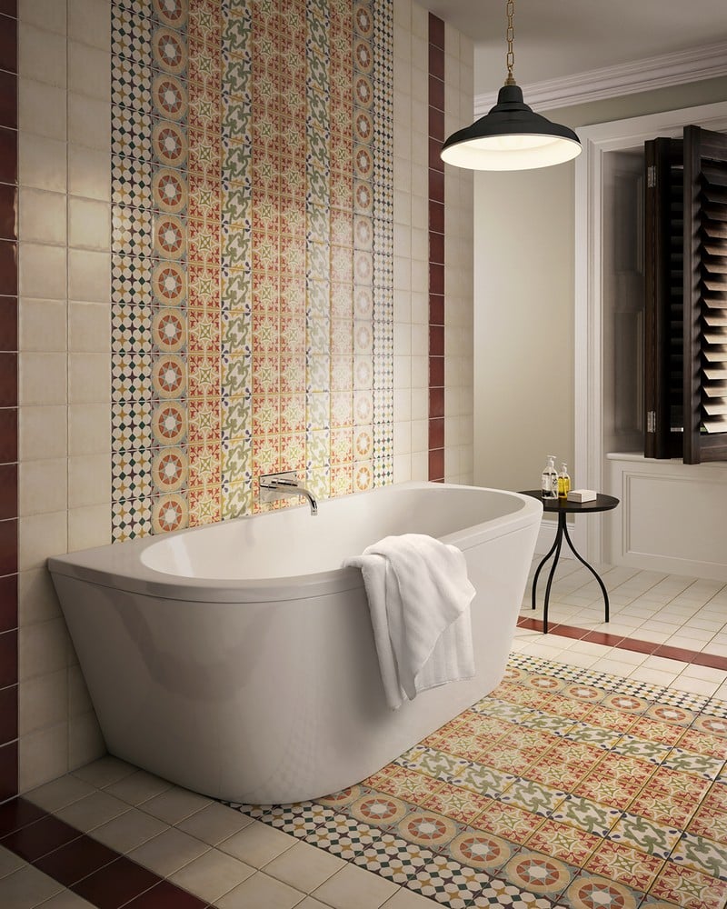 salle-bain-moderne-carrelage-mural-sol-patchwork-baignoire-ilot-blanche salle de bain moderne