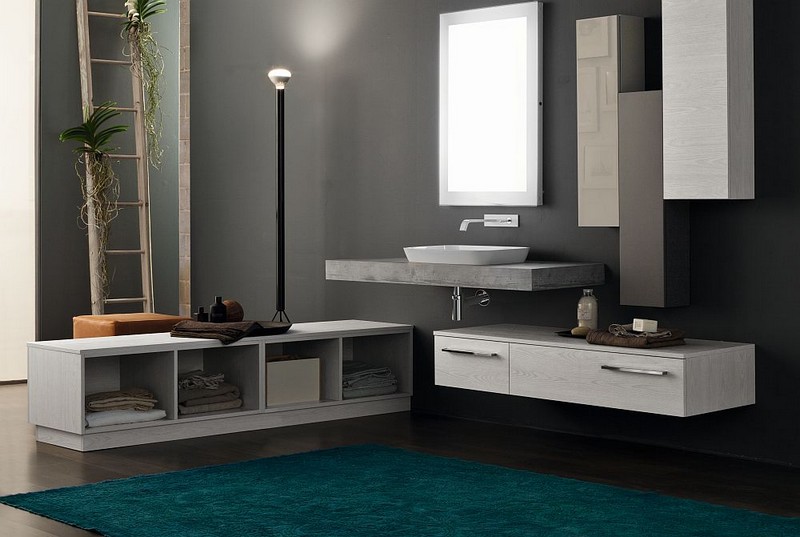 salle-bain-moderne-peinture-murale-grise-meuble-mural-bois-grisatre salle de bain moderne
