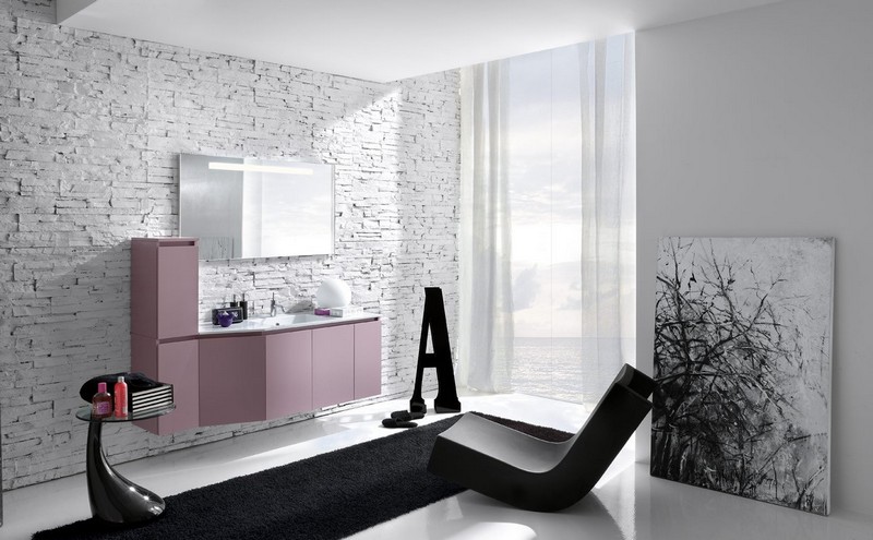salle-bain-moderne-pierre-parement-meuble-vasque-rose-tapis-chaise-noire salle de bain moderne