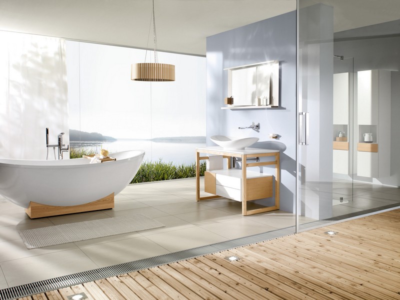 salle-bain-moderne-sanitaire-blanc-accents-bois-suspension-couleur-or salle de bain moderne