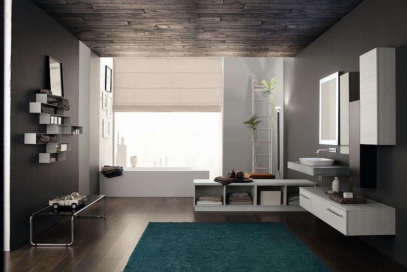 salle-bain-moderne-tapis-bleu-sarcelle-peinture-murale-marron-meubles-bois-clair salle de bain moderne