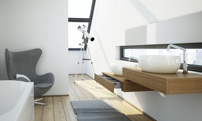 salle-bain-moderne-vasques-rondes-tiroirs-bois-fauteuil-tapis-gris salle de bain moderne