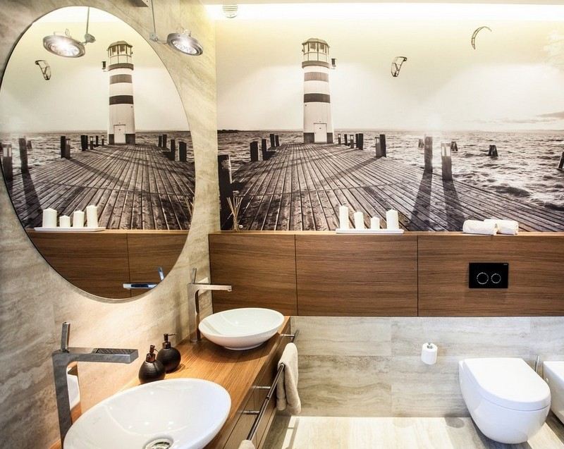 salle-bain-noir-blanc-bois-chaleureux-papier-peint-mural-miroir-ovale