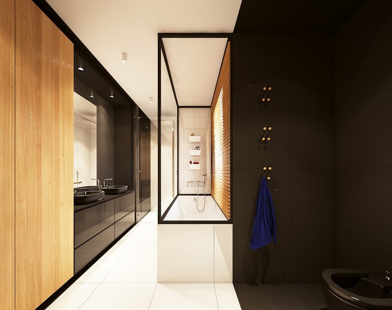 salle de bain noir et blanc bois-massif-baignoire-cabine-douche