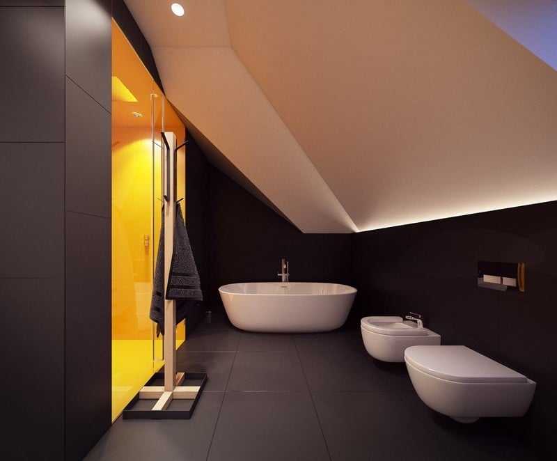 salle-bain-noir-blanc-combles-cabine-douche-jaune