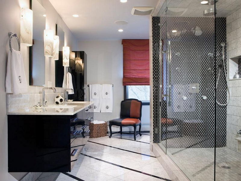 salle-bain-noir-blanc-design-contemporain-cabine-douche-fauteuil-cuir