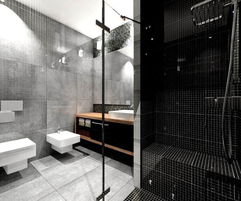 salle de bain noir blanc gris dalles simili béton mosaique noire