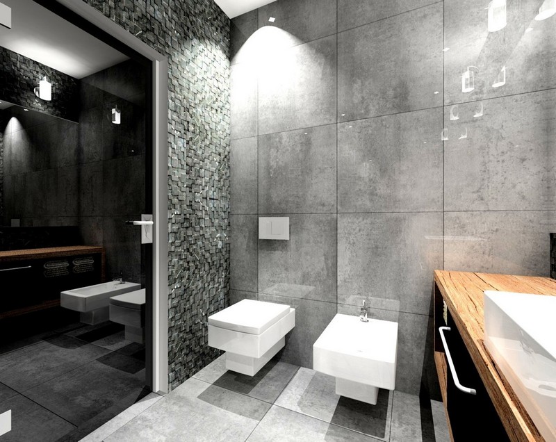 salle de bain noir et blanc gris wc bidet suspendus carrés parement gris