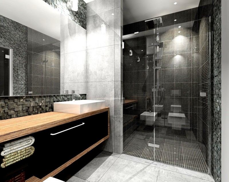 salle de bain noir et blanc meuble bois parement ardoise mosaique