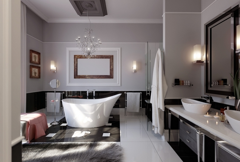 salle-bain-rétro-carrelage-blanc-noir-baignoire-design-chandelier-ancien