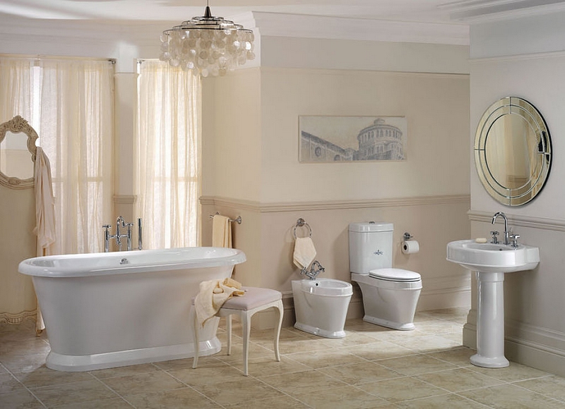 salle-bain-rétro-luxe-beige-blanc-cassé-miroir-rond-lustre-nacre