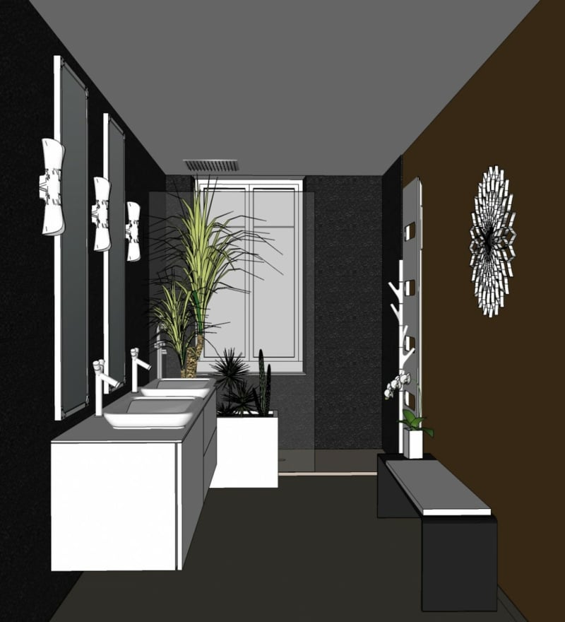 salle-bains-plan-3d-plantes-vertes-peinture-murale-noir-jaune