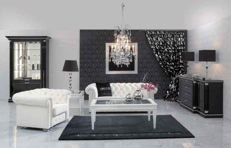 salon-blanc-noir-canapé-fauteuil-Chesterfield-cuir-blanc-lustre-néo-baroque