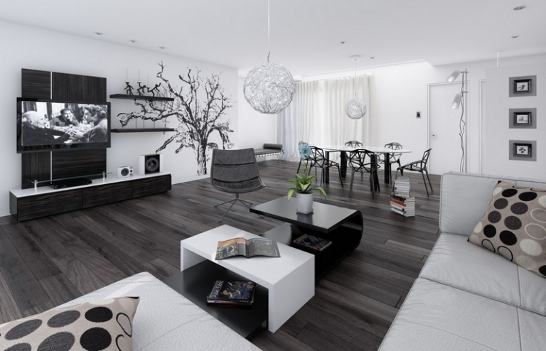 salon-blanc-noir-moderne-mobilier-design-sticker-mural-arbre