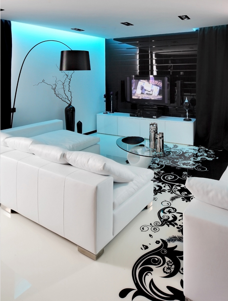 salon blanc noir sol design arabesques magnifiques lumière LED bleue