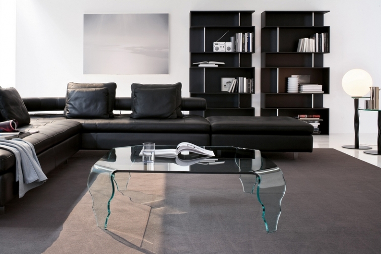 salon blanc noir tapis gris table basse design verre