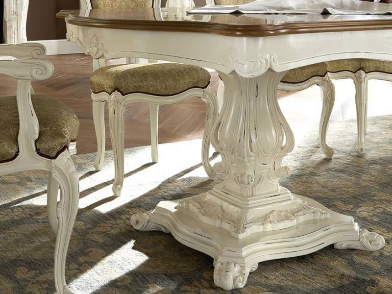 style-Louis-XV-table-manger-bois-massif-cérusé-blanc-pied-sculpté-volutes
