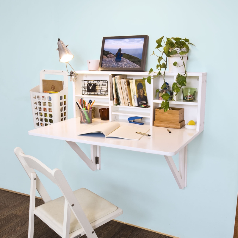 table murale rabattable blanc-chaise-étagères-assorties-plante-décorative