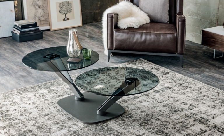 table de salon design 2 plateaux verre ronds piètement métallique