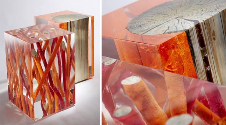 table salon design bois peint orange résine acrylique