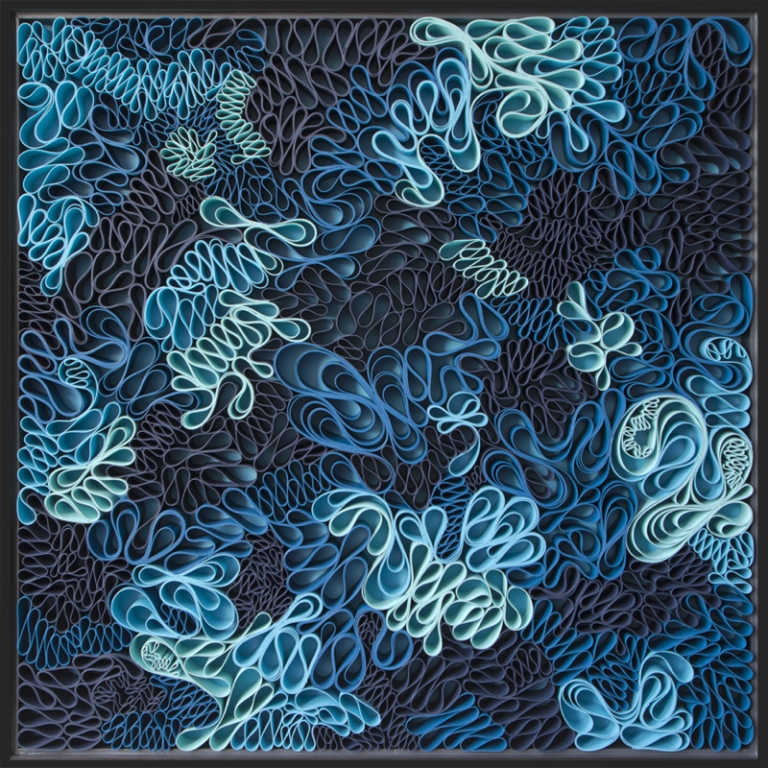 tableau design abstrait-motifs-gris-graphite-bleu-foncé-turquoise-Stallman-Under-the-moon