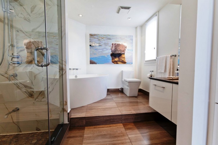 tableau salle de bain paysage-marin-sol-bois-baignoire-ilot