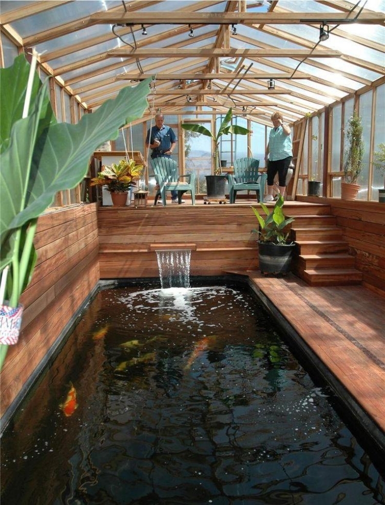 véranda bois 2 niveaux bassin carpes koi fish