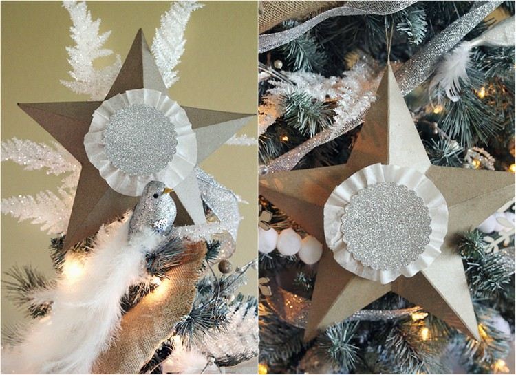 étoile-Noël-papier-plié-3D-paillettes-argentées-dorées