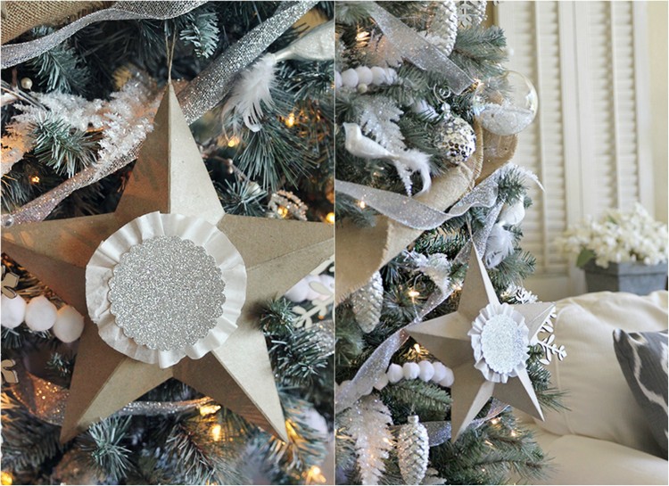 étoile-Noël-papier-plié-3D-pailletté-or-argent