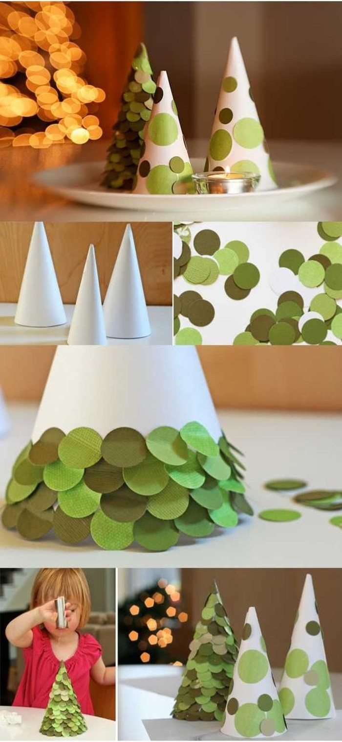 bricolage-noel-enfant-sapin-noel-cone-papier-blanc-cercles-papier-vert bricolage Noël enfant
