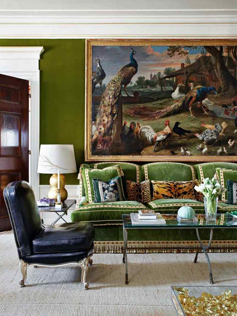 Canapé vert dans le salon contemporain et idées déco assortie