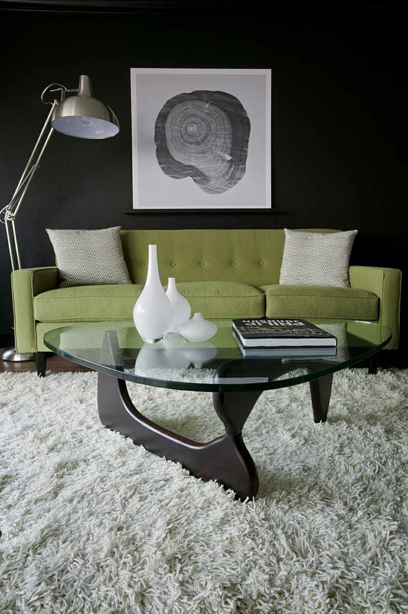 Canapé vert dans le salon contemporain et idées déco assortie