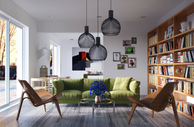 canapé-vert-olive-fauteuils design bois suspensions ajourées parquet gris
