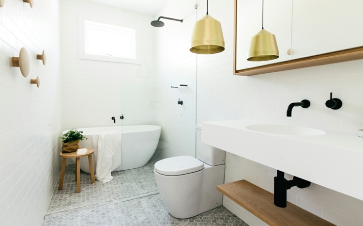 carrelage hexagonal salle de bain vintage rustique-laiton-acier-bois