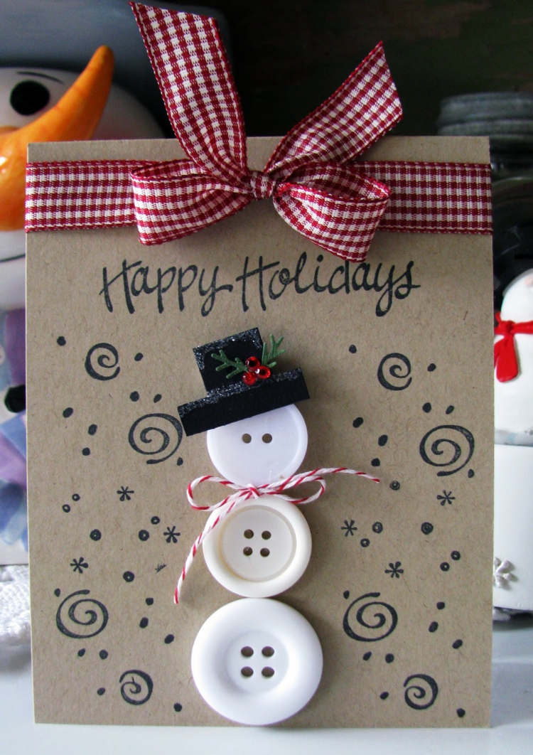 carte de voeux Noel carton décorée bonhomme neige boutons blancs